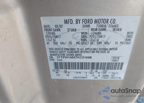 2007 Ford F-150 Fx4/Lariat/Xlt из США, поврежденный, VIN 1FTPW14557KC51698